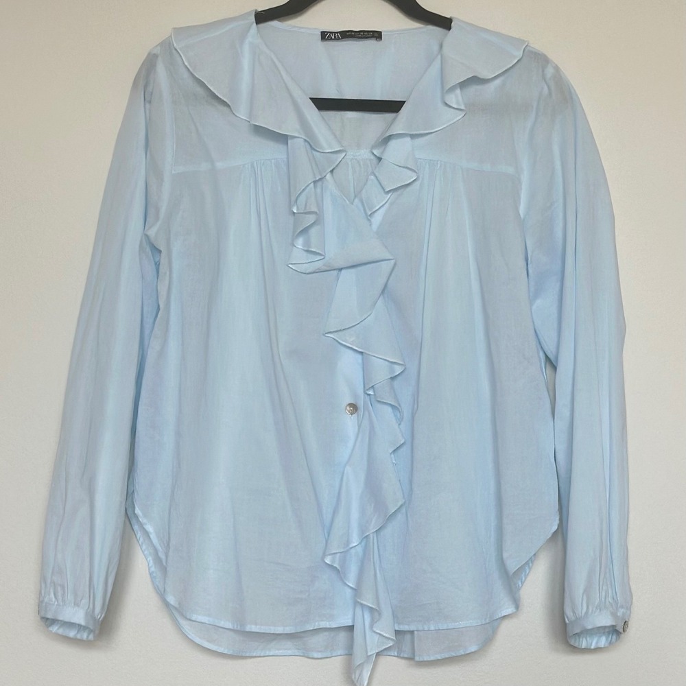 NWOT Zara Light Blue Ruffled Button Down Blouse Long Sleeve Top XS Oversized